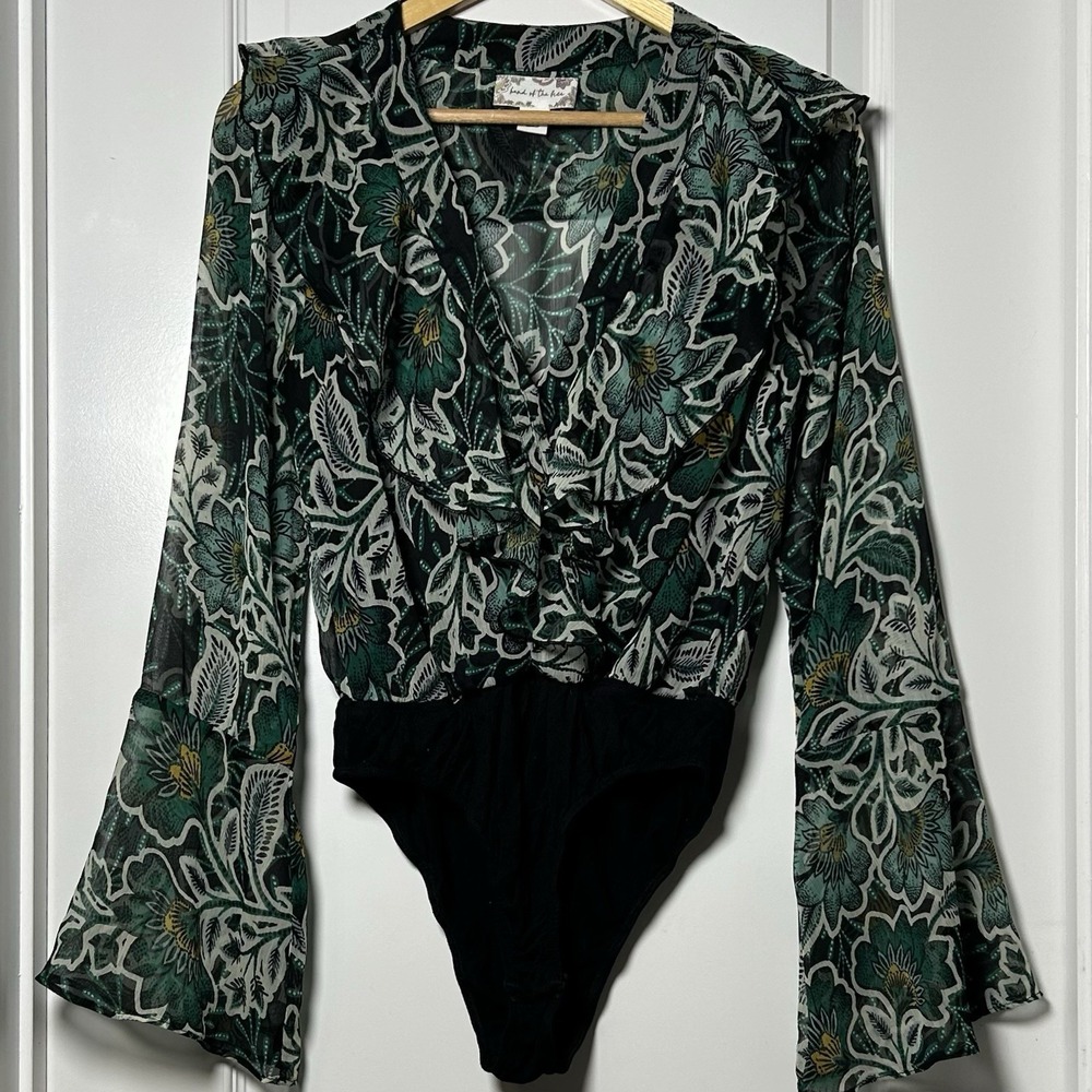 Band of the Free Botanical Floral Sheer Chiffon Bell Sleeve Ruffle Bodysuit
